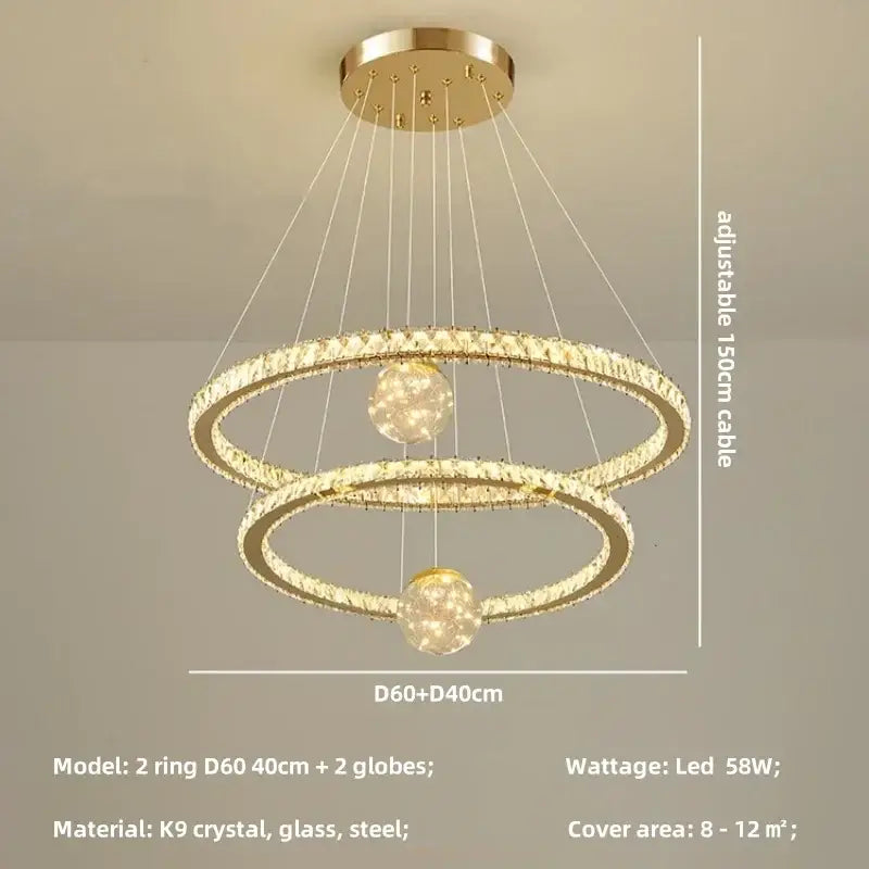 Modern golden spiral decorbites crystal led chandelier with two interlocking crystal rings and embedded led globe lights