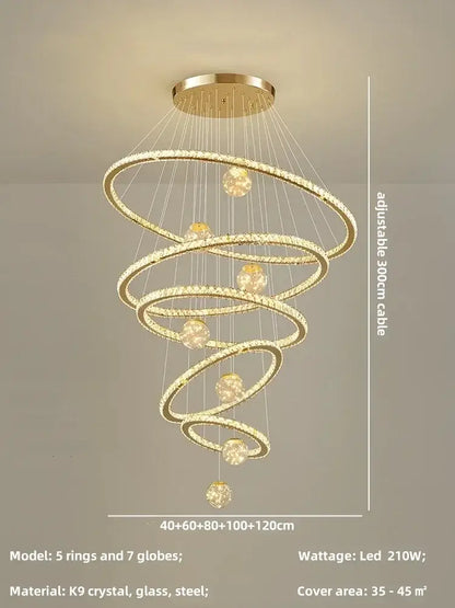 Modern golden spiral decorbites crystal led chandelier with five interlocking rings and seven k9 crystal globes in steel