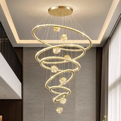Modern golden spiral decorbites crystal led chandelier with crystal-encrusted rings and spherical accents for living room