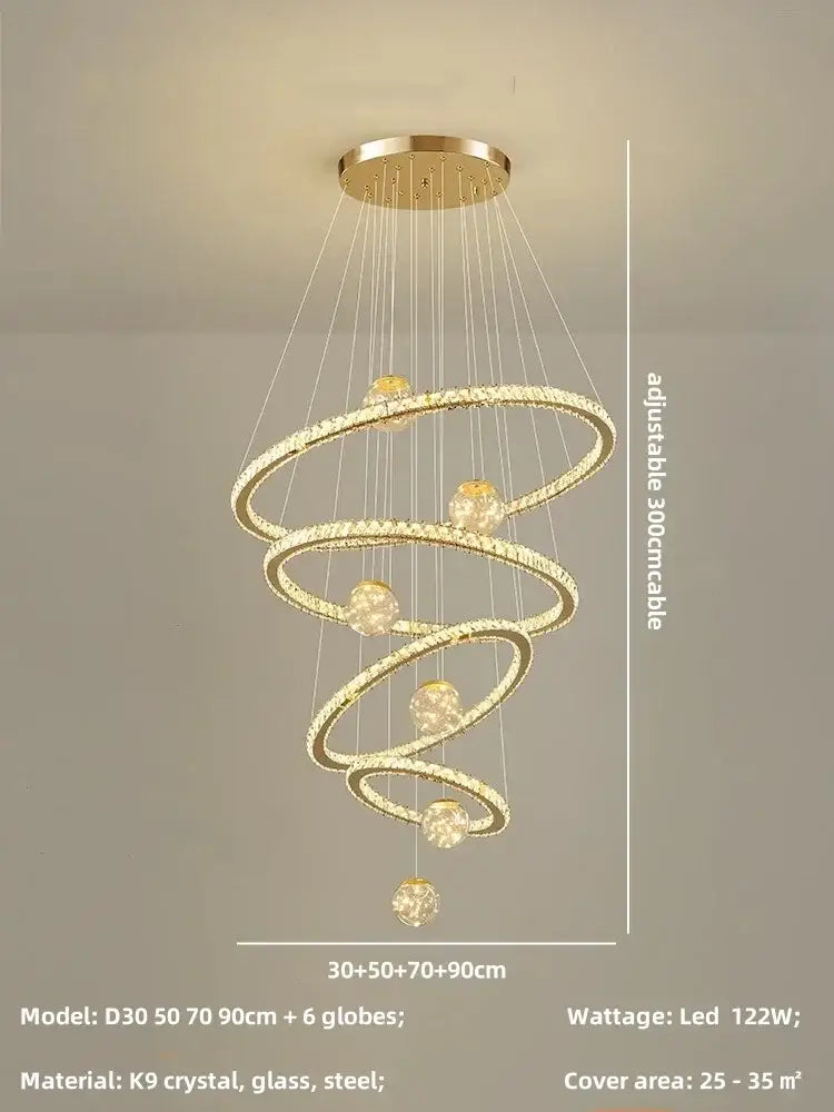 Modern golden spiral decorbites crystal led chandelier with crystal-encrusted rings and globe lights for living room