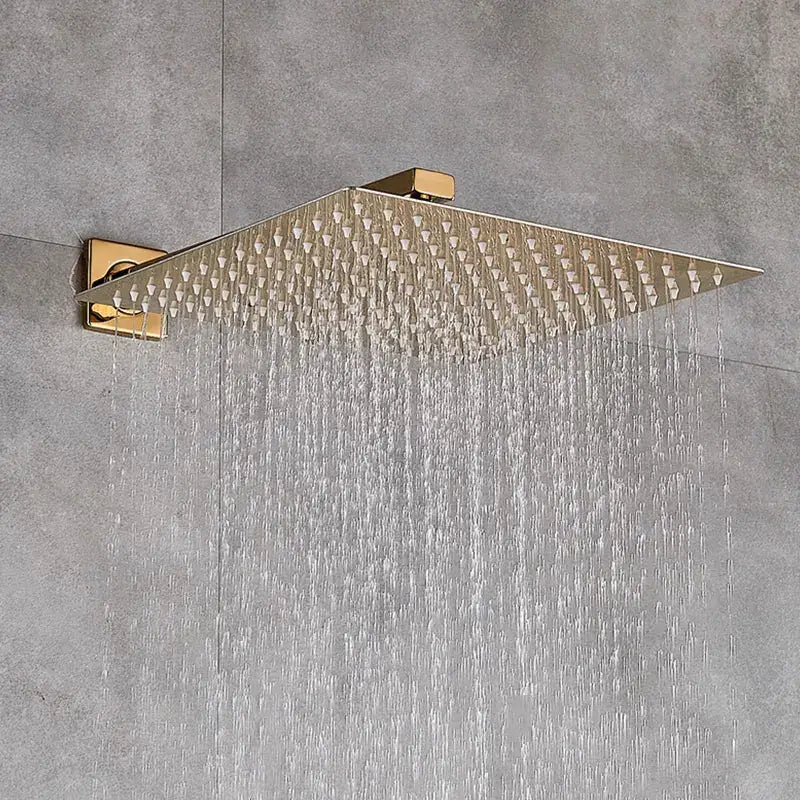 Modern golden square rain shower set with gold-finished showerhead featuring multiple jets for decorbites golden bathroom