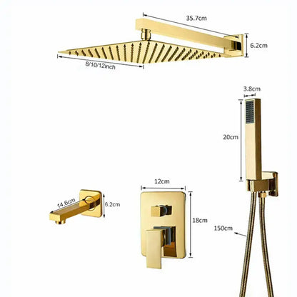 Gold-finished modern square rain showerhead with multiple spray nozzles in decorbites golden bathroom shower set