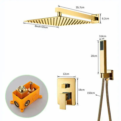 Modern golden square rain shower set with sleek gold-colored square showerhead featuring multiple spray nozzles decorbites golden bathroom shower