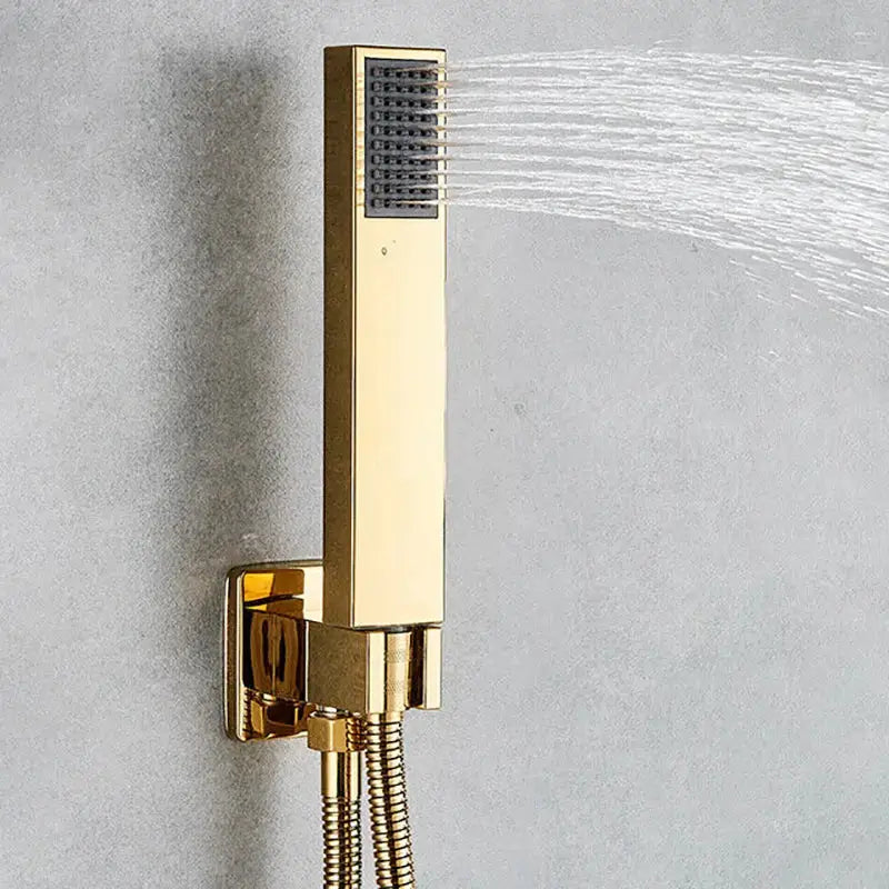 Modern golden square rain shower set with gold-colored rectangular showerhead for decorbites golden bathroom shower