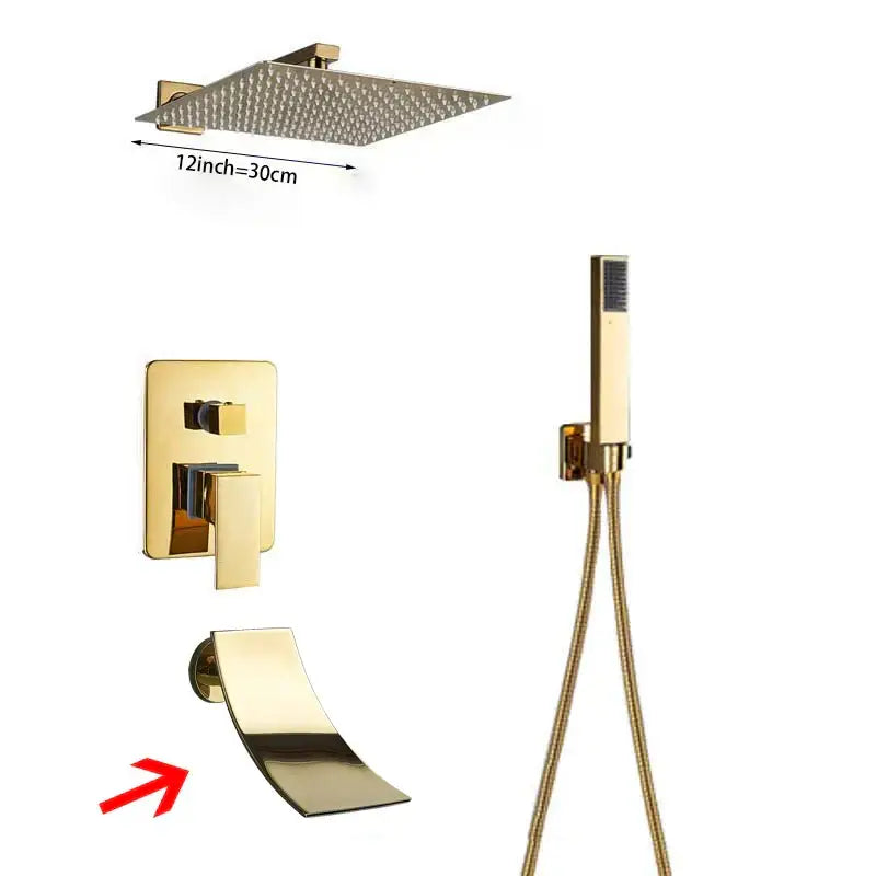 Modern golden square rain shower set with sleek gold-toned bathroom shower faucet and polished metallic finish by decorbites