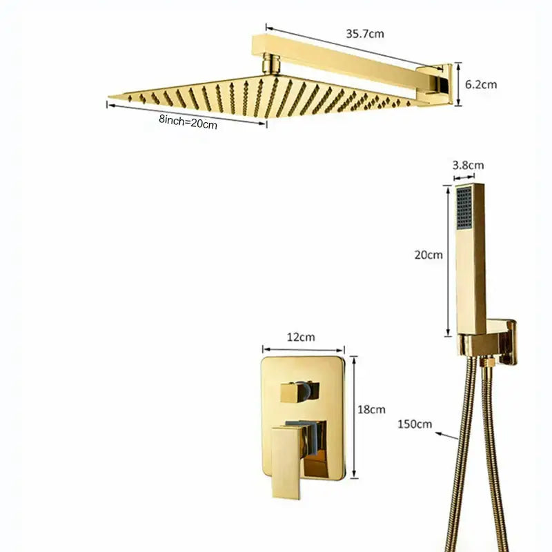 Modern golden square rain shower set with gold-finished showerhead and multiple nozzles for decorbites golden bathroom