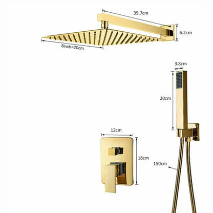 Modern golden square rain shower set with gold-finished showerhead and multiple nozzles for decorbites golden bathroom
