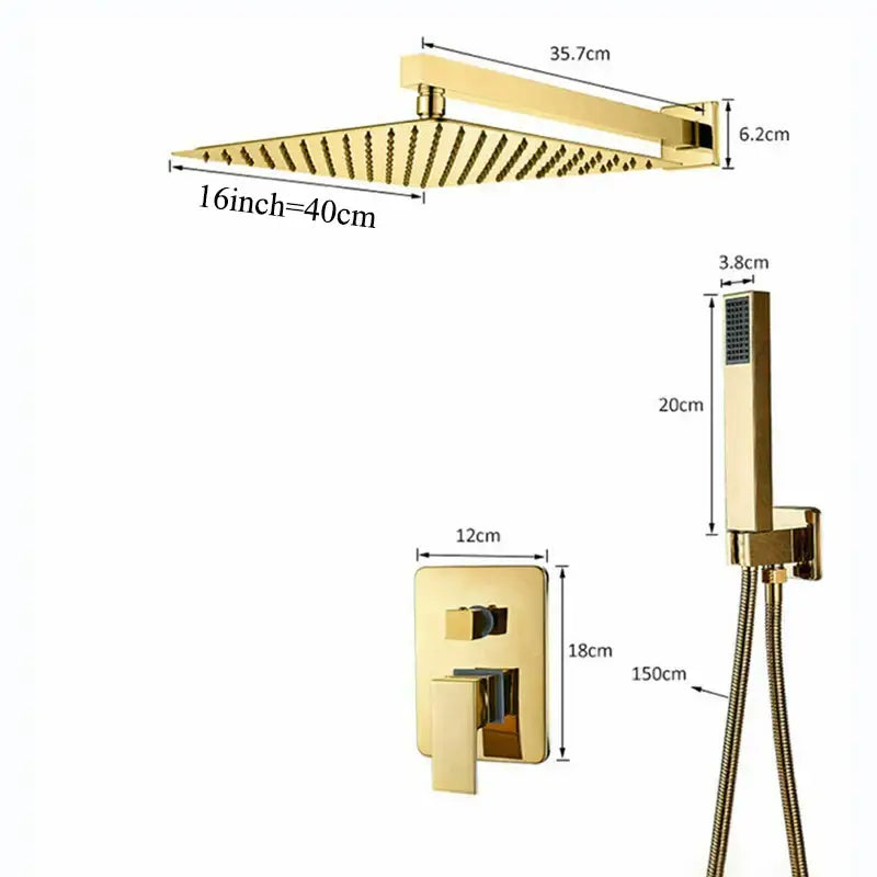 Gold-finished square rain shower head with multiple spray nozzles from decorbites golden bathroom shower set