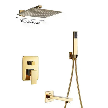 Modern golden bathroom shower set with 16-inch square rainhead wall-mounted mixer and handheld wand by decorbites