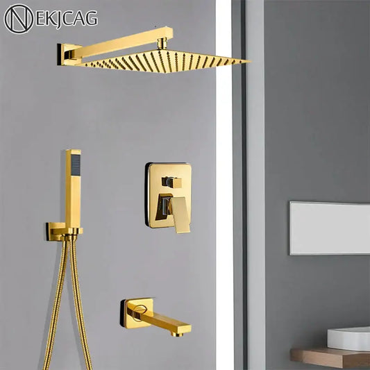 Modern golden square rain shower set with gold-finished shower head featuring multiple nozzles for decorbites golden bathroom