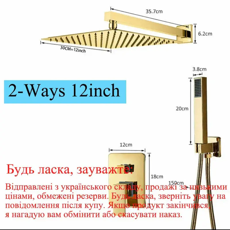Modern golden square rain shower set with gold-finished 12-inch showerhead and handheld for decorbites golden bathroom shower