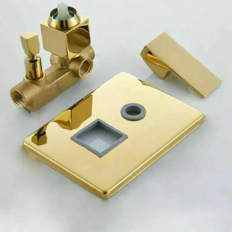 Gold-finished brass bathroom faucet trim kit with square plate and rectangular handle for modern golden bathroom shower set