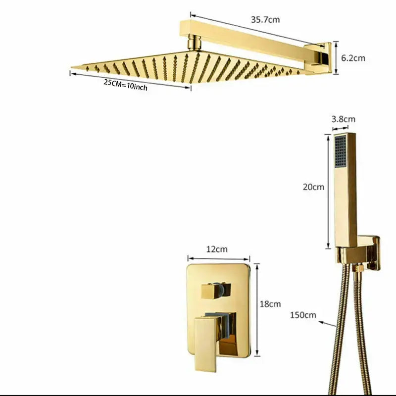 Modern golden square rain shower head with textured surface from decorbites golden bathroom shower set