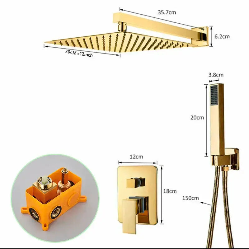 Modern golden square rain shower set with gold-finished showerhead and multiple nozzles decorbites golden bathroom shower set
