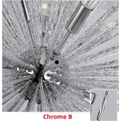 Modern golden starburst geometric ball chandelier with chrome-finished crystal twisted glass rods for dining room decorbites geometric ball