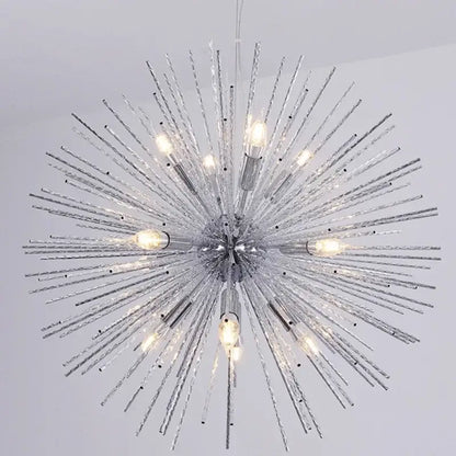 Modern golden starburst geometric ball chandelier with silver spiky design, textured glass rods, and glowing bulbs for dining room decorbites geometric ball chandelier
