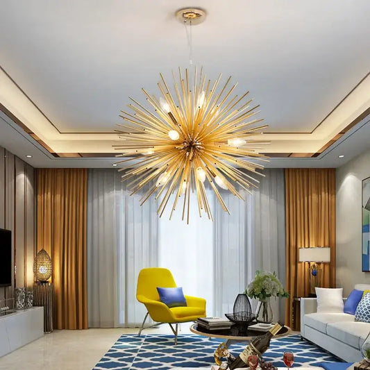 Modern golden starburst geometric ball chandelier with slender metallic arms and exposed bulbs for dining room decorbites geometric ball