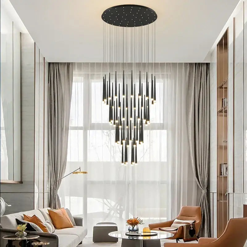 Black modern decorbites golden tapered chandelier with slender vertical rods and circular ceiling fixture for living room lighting