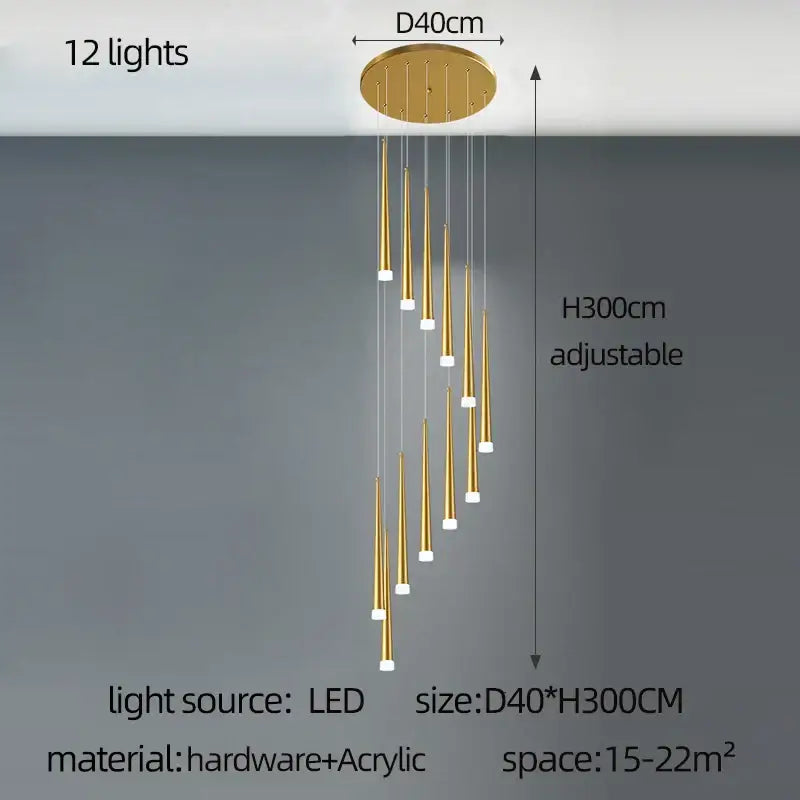 Modern golden tapered chandelier led living room pendant light with 12 led lights and acrylic cone fixtures by decorbites golden tapered