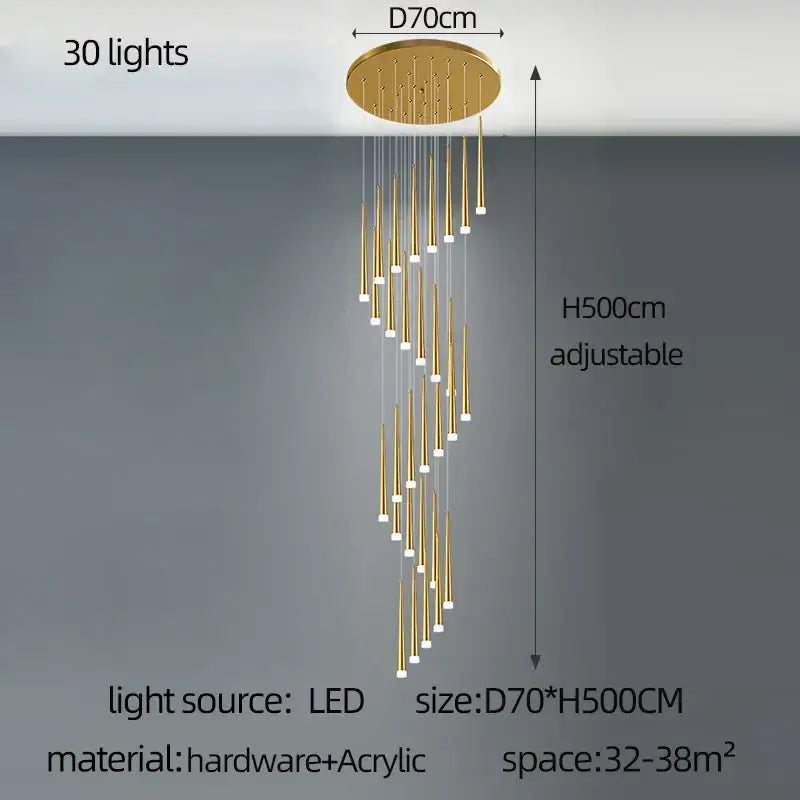 Modern golden tapered chandelier led living room pendant light with 30 cascading gold-toned led lights design decorbites golden tapered