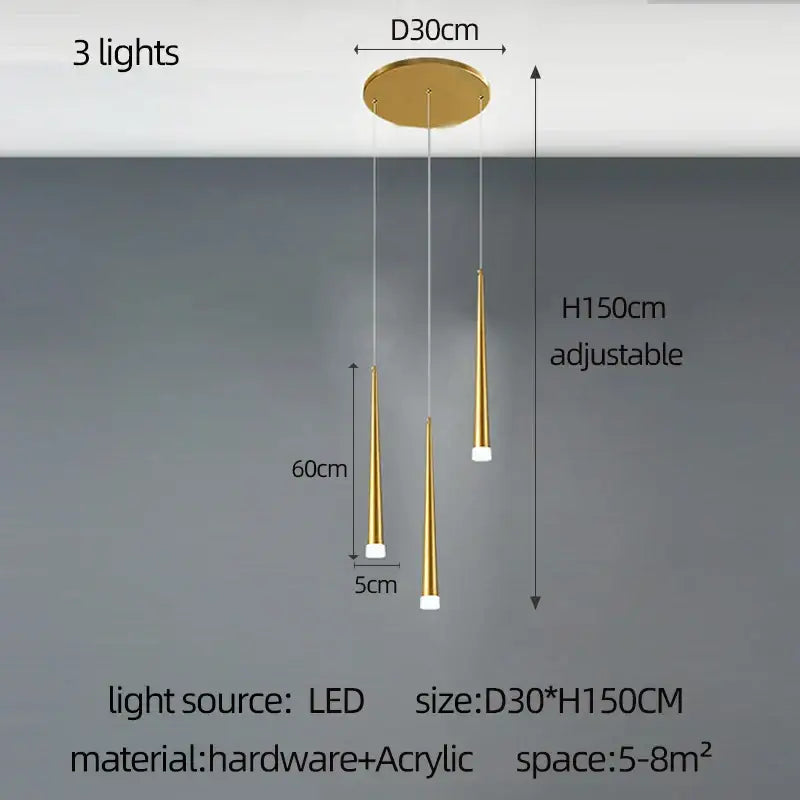 Modern golden tapered chandelier led pendant light featuring three slender acrylic cone shades suspended from circular base