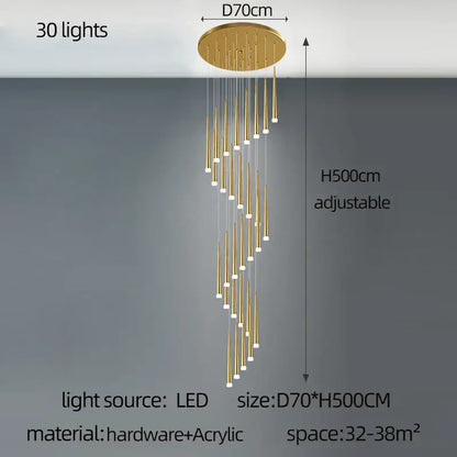 Modern golden tapered led chandelier with 30 cascading gold-toned lights for elegant living room decorbites design