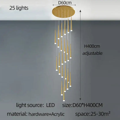 Modern golden tapered led chandelier with 25 led lights and slender acrylic pendant arms for living room decorbites golden tapered design