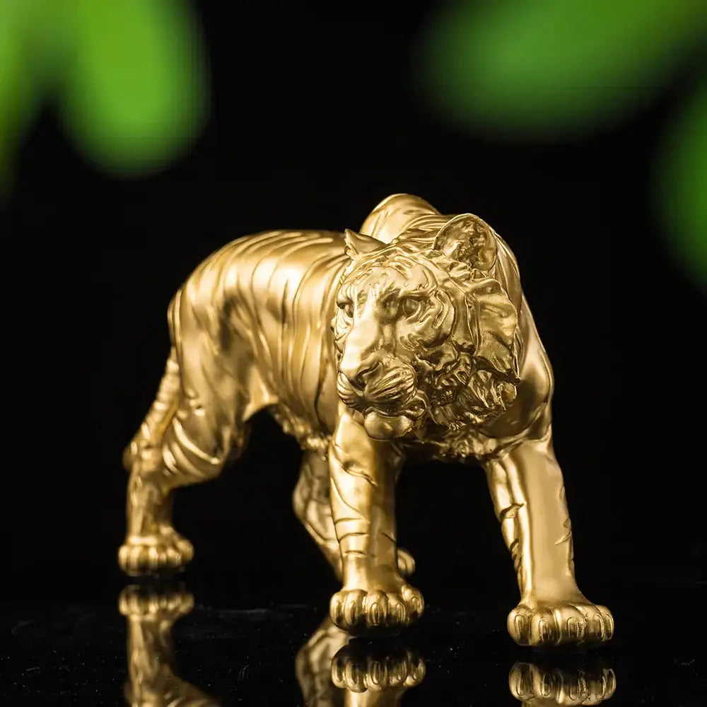 Golden tiger resin figurine polished metallic material with detailed sculpted stripes for living room decor