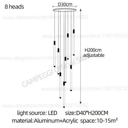 Modern black and white led chandelier with eight hanging light heads from decorbites golden tube chandelier collection