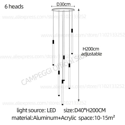 Modern golden tube chandelier with six slender led heads and black and white acrylic rods on circular aluminum base decorbites golden tube