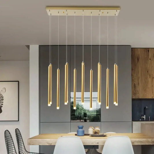 Modern golden tube led chandelier featuring a gold-toned cylindrical pendant light with a sleek rectangular ceiling mount