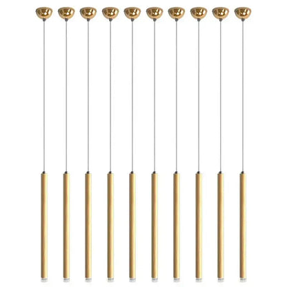 Set of ten modern minimalist pendant lights with gold-finished tops and bamboo shades for decorbites golden tube chandelier