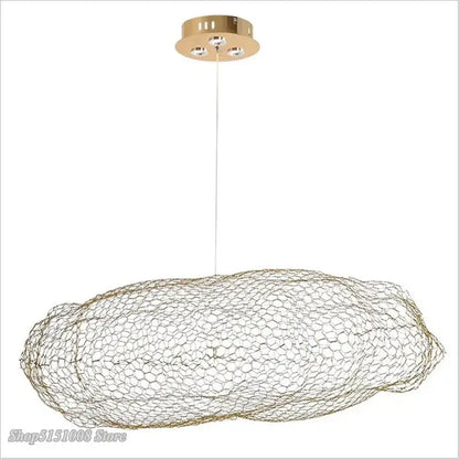 Modern golden wire mesh decorbites cloud pendant light with circular ceiling mount and three embedded bulbs for bedroom