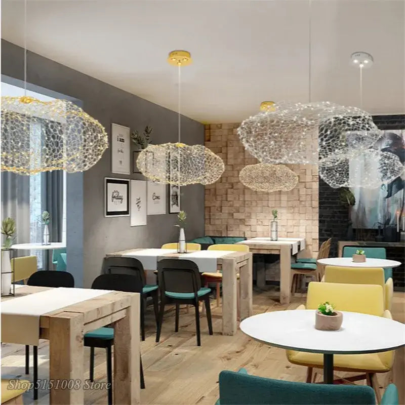 Modern golden wire mesh decorbites cloud pendant light with led bulbs designed for bedroom lighting decor