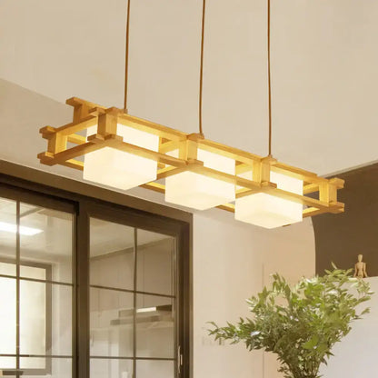 DecorBites™ nordic 3-light island pendant with warm golden wooden frame and square shade for dining room lighting