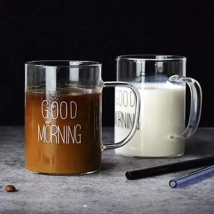 Clear glass mug with handle featuring white good morning lettering from decorbites good morning glass collection