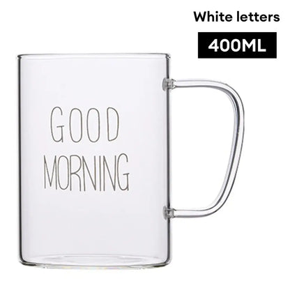 Clear glass mug with handle featuring good morning glass white lettering for decorbites good morning kitchen use