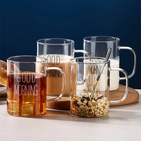 Clear glass good morning glass mugs by decorbites with transparent handles filled with beverages and granola