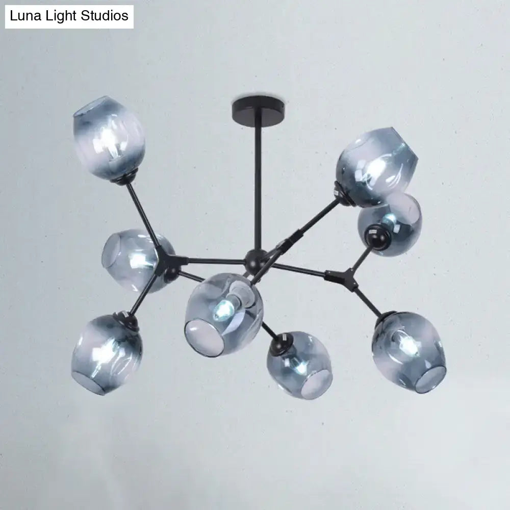 Modern black metal chandelier with eight gradient blue glass globe shades for living room lighting