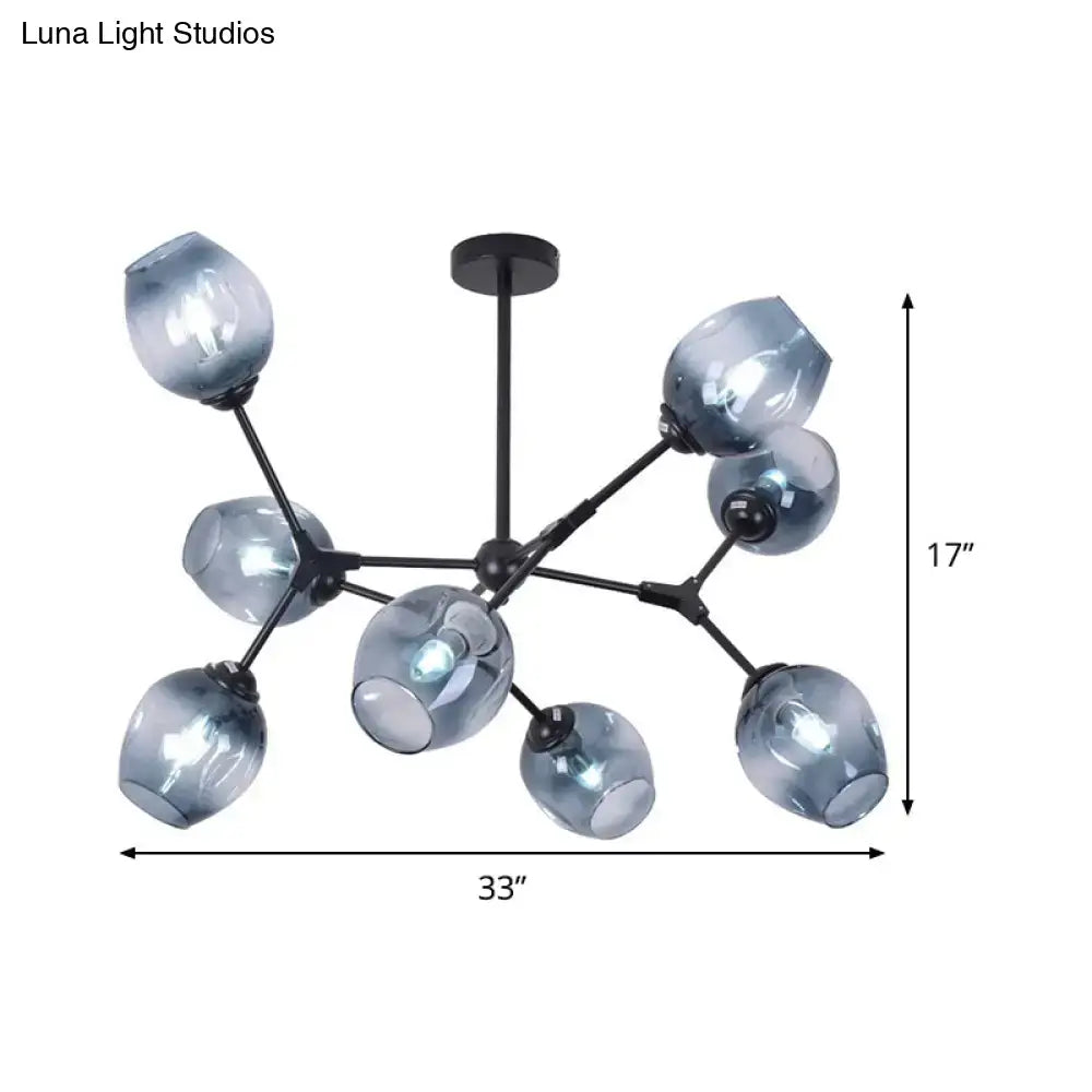 DecorBites modern chandelier with eight frosted gradient blue glass globes on black metal frame for living room