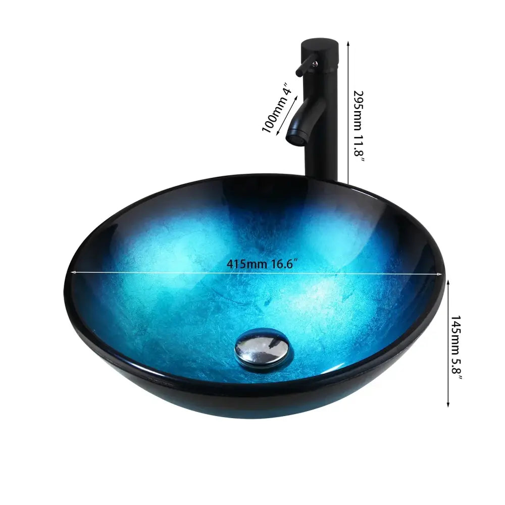 Modern gradient blue glass sink set featuring a decorbites blue glass sink with black rim and chrome faucet