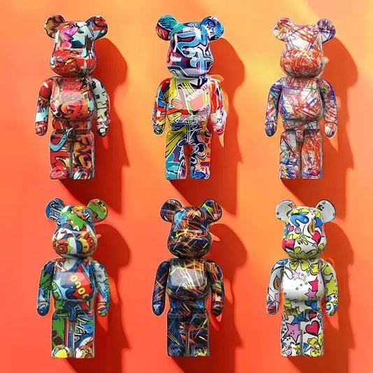 Six colorful decorbites graffiti bear 27cm vinyl figurines arranged in two rows on an orange background for living room decor
