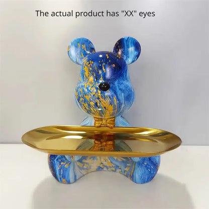 Blue and gold marbled decorbites graffiti bear figurine holding a golden tray for living room skateboard key storage shelf decor