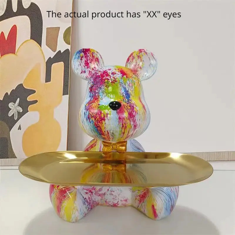 Colorful splatter-painted decorbites graffiti bear figurine with glossy finish and golden tray for living room storage