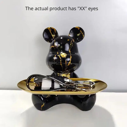 Black bear figurine with gold marble streaks and bow tie holding brass tray for modern graffiti bear decorbites key storage