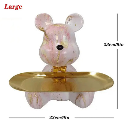 Pink and gold marbled resin graffiti bear figurine with golden tray for modern living room skateboard key storage decorbites bear figurine