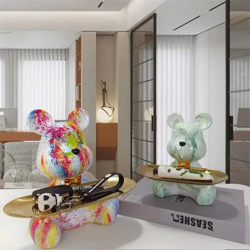 A vibrant multicolored glossy decorbites graffiti bear figurine with abstract paint splatter for living room decor