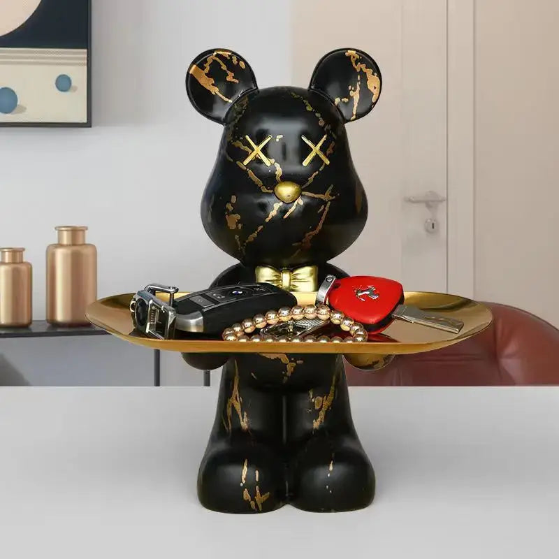 Black bear figurine tray with gold marble accents and bow tie holding keys and jewelry modern graffiti bear decorbites