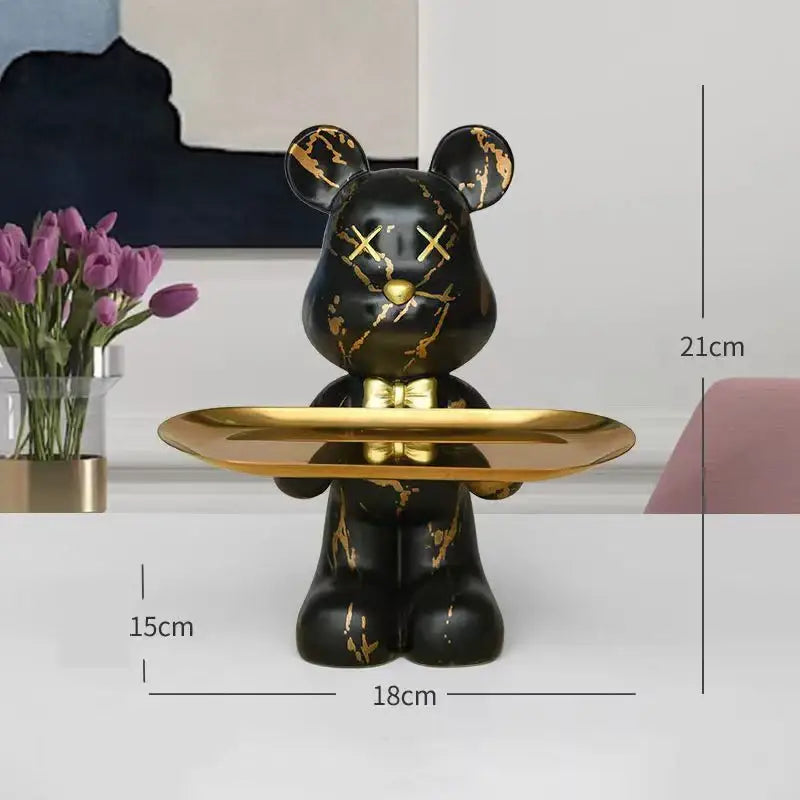 Black bear figurine with gold marble streaks and bow tie holding a tray modern graffiti bear figurine decorbites decor