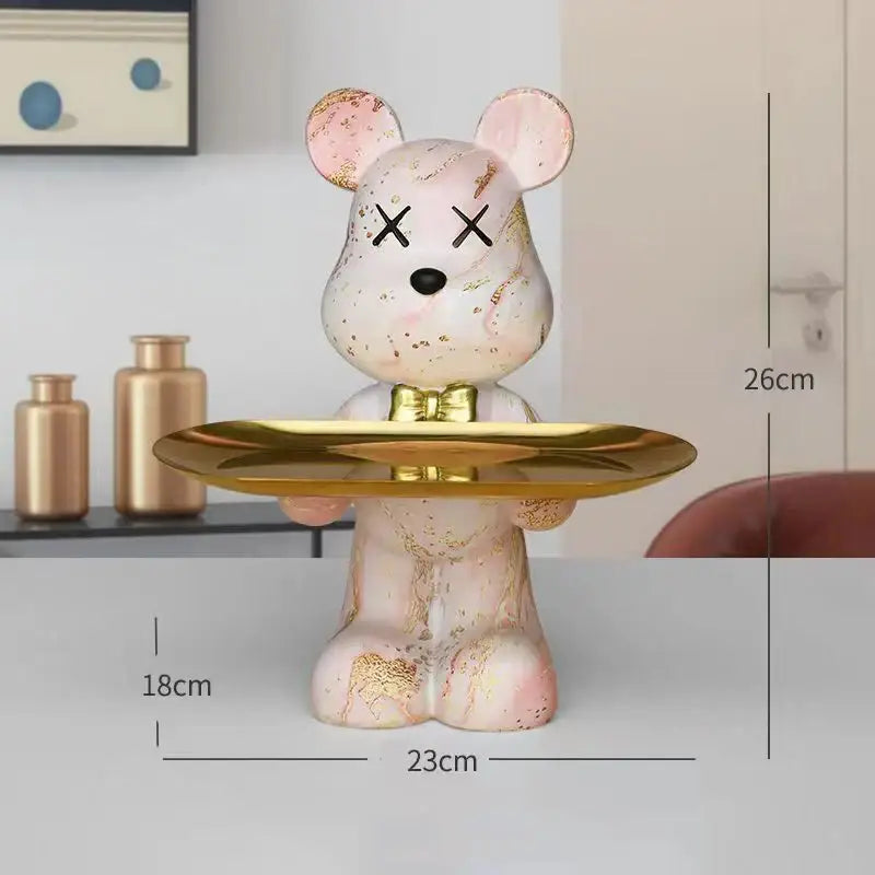 Pink marble-finish bear figurine with gold leaf accents and tray for modern graffiti bear figurine living room decorbites decor
